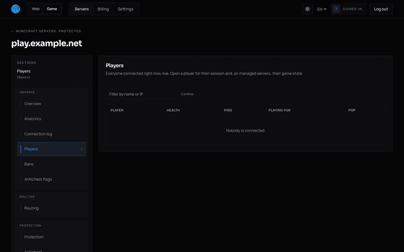 Connected players with the country, client version and backend behind each session.