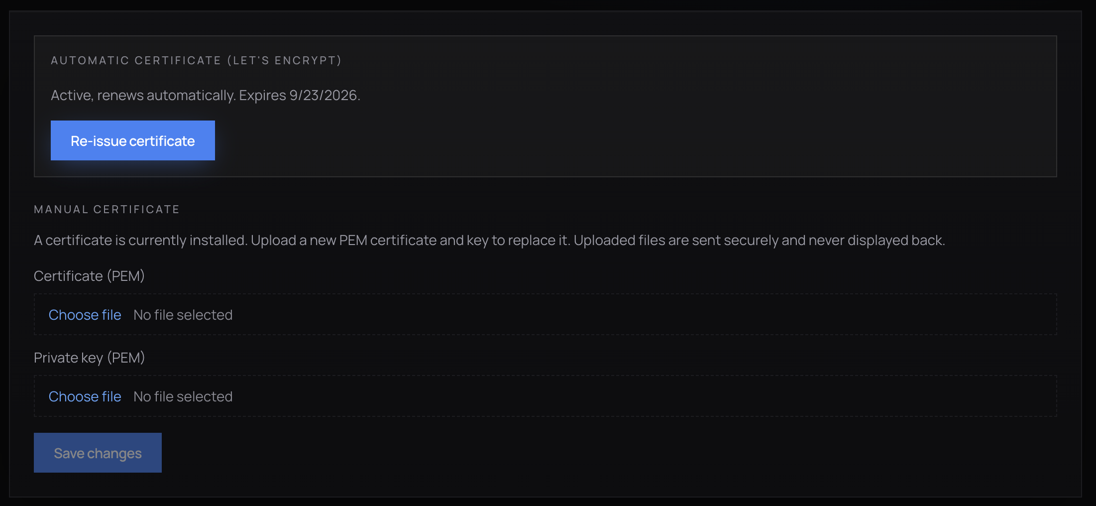 TLS certificate settings with automatic Let’s Encrypt issuance and manual PEM upload.